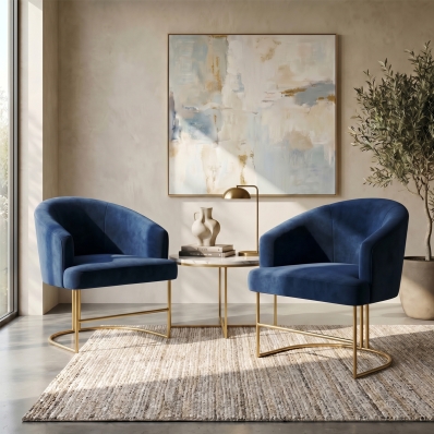 Kit 2 Poltrona Decorativa Moderno Base A&ccedil;o Dourado Cor Azul Marinho