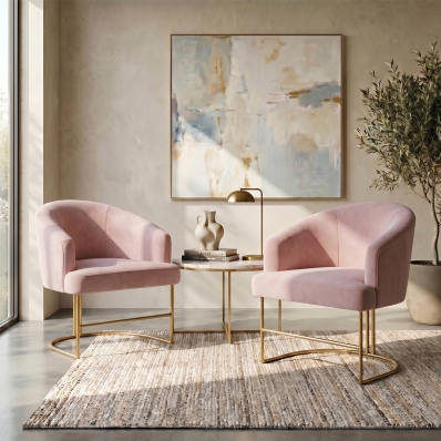 Kit 2 Poltrona Decorativa Moderno Base Aço Dourado Cor Rosê