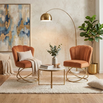 Kit 2 Poltrona Moderno Luxo Base A&ccedil;o Dourado Cor Terracota