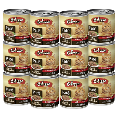 KIT 12 UN Pate Colosso Prem Gatos Castrados Sabor Carne 280g