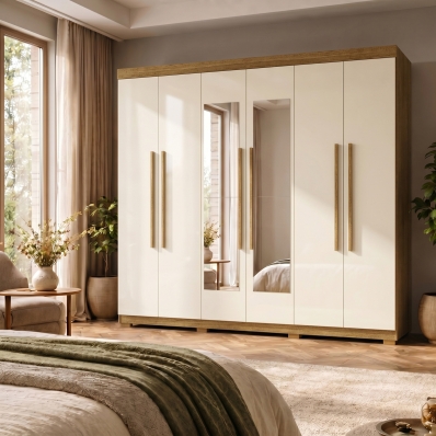 Guarda Roupa Casal Roupeiro 6 Portas 2 Gav Espelho Quarto Nature Champanhe