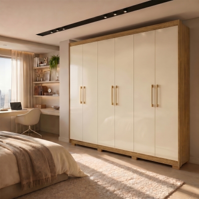 Guarda Roupa Casal Grande 6 Portas 6 Gavetas Roupeiro Moderno Nature Champanhe