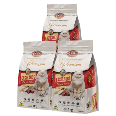 kit 3 Un Ra&ccedil;&atilde;o Gato Castrado Colosso Premium Carne Arroz 1kg