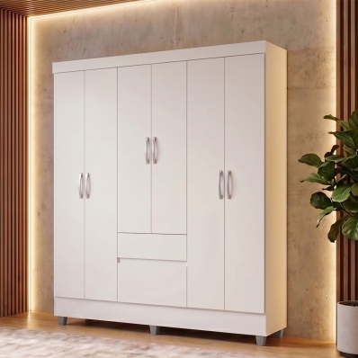 Guarda Roupa Casal 6 Portas 2 Gavetas Roupeiro Quarto Branco