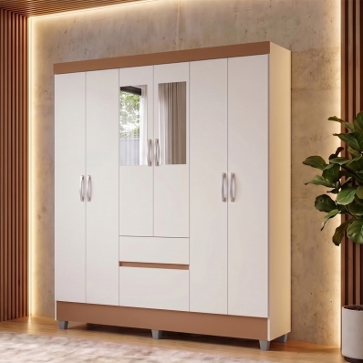 Guarda Roupa Casal 6 Portas 2 Gav Espelho Roupeiro Quarto Branco Camarim