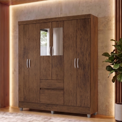 Guarda Roupa Casal 6 Portas 2 Gav Espelho Roupeiro Quarto Imbuia
