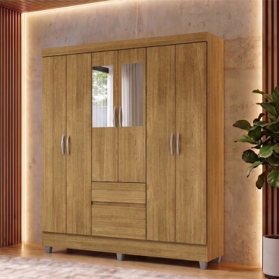 Guarda Roupa Casal 6 Portas 2 Gav Espelho Roupeiro Quarto Nature