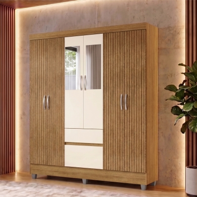 Guarda Roupa Casal 6 Portas 2 Gav Espelho Roupeiro Quarto Nature Brisa Champanhe