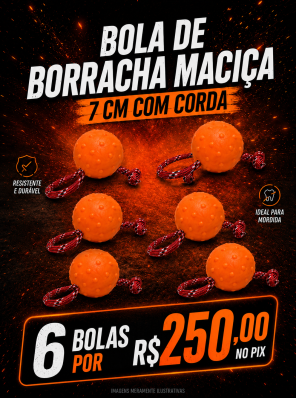 BOLA BORRACHA MACIÇA 7 CM DIÂMETRO (COM CORDA) 6 BOLAS