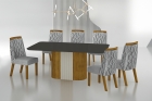 Conjunto Sala de Jantar Mesa Com Vidro 180cm com 6 Cadeiras Pé Madeira Dacota
