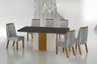 Conjunto Sala de Jantar Mesa Com Vidro 180cm com 6 Cadeiras Pé Madeira Dacota