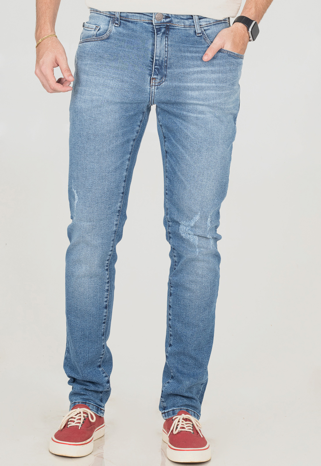 Calça Jeans Slim Flexy Masculina Desfiada Com Elastano
