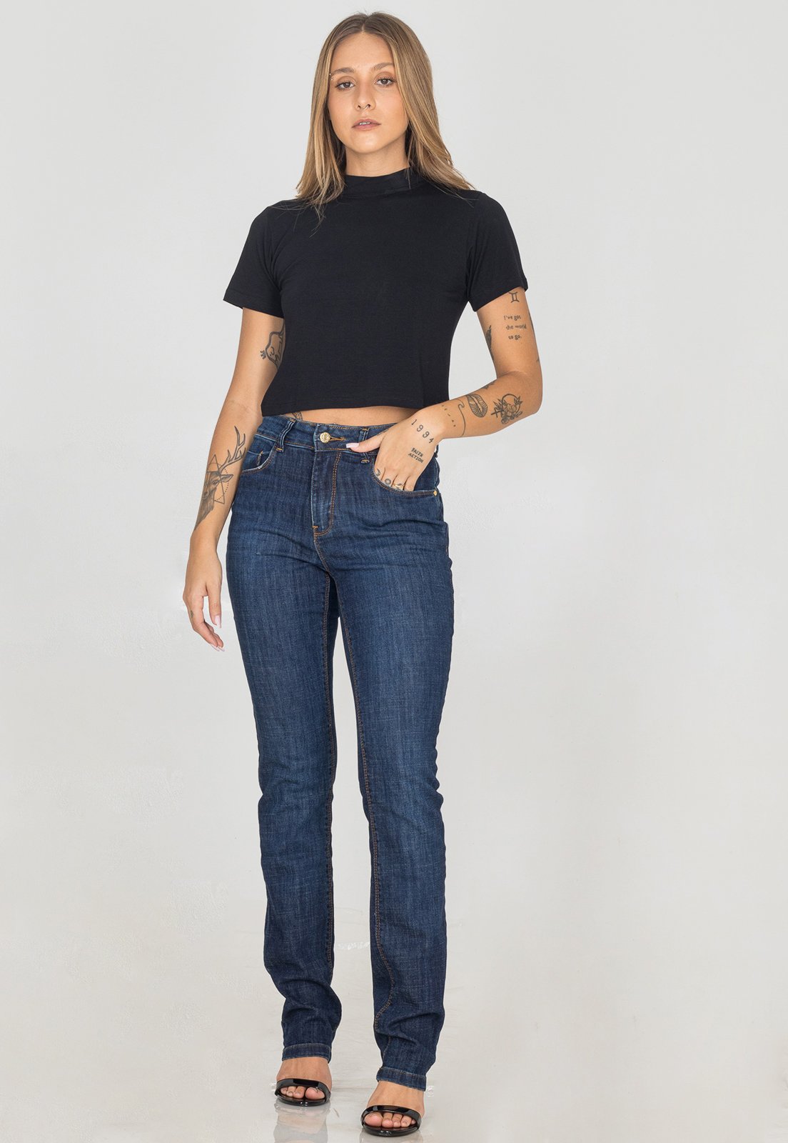 Calça Jeans Reta Feminina Cós Alto Básica Casual Premium