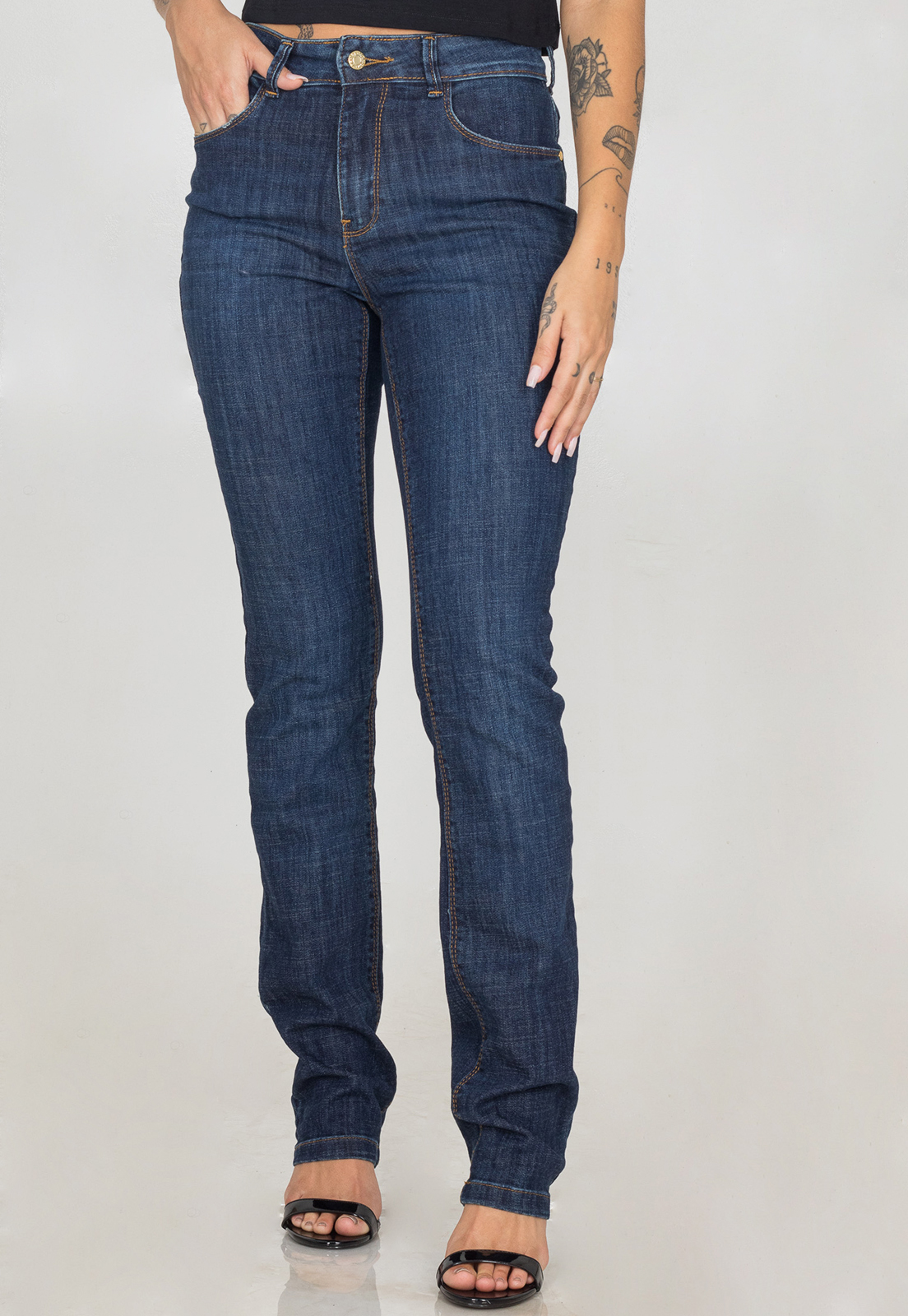 Calça Jeans Reta Feminina Cós Alto Básica Casual Premium