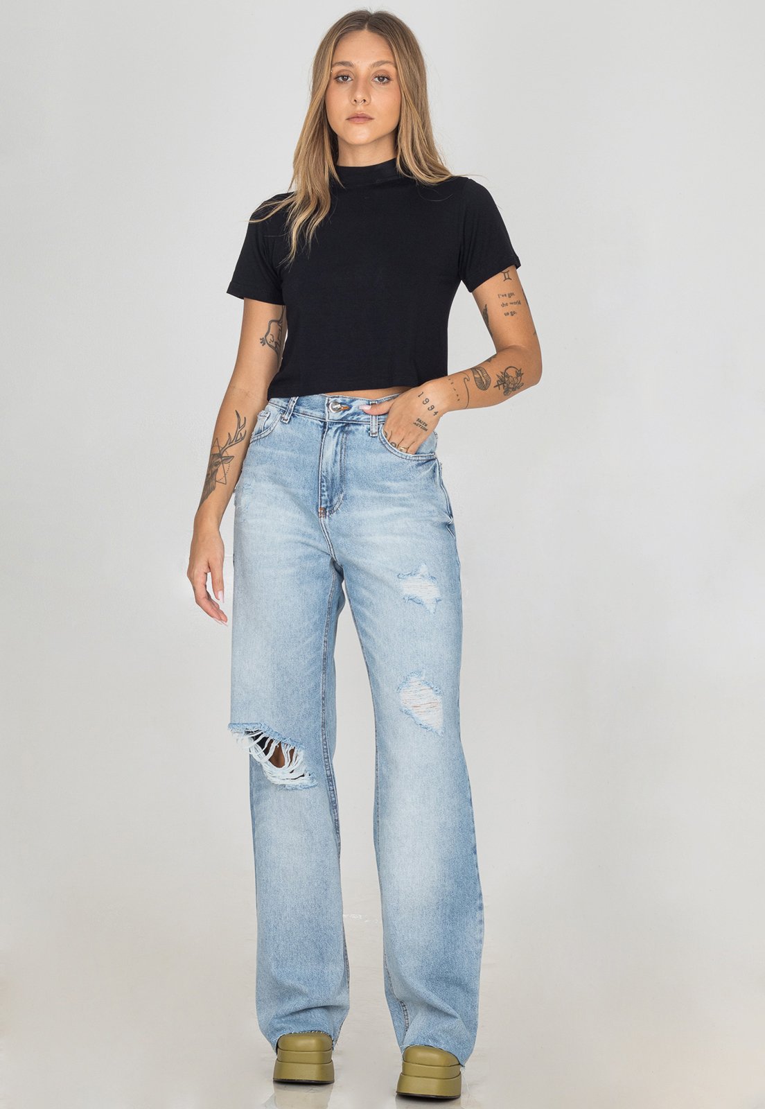 Calça Jeans Wide Leg Feminina Cintura Alta Destroyed Casual