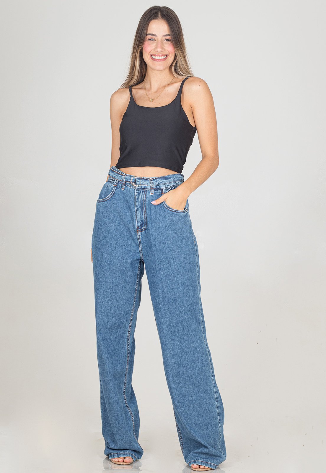 Calça Jeans Wide Leg Feminina Cintura Alta Com Cinto Premium