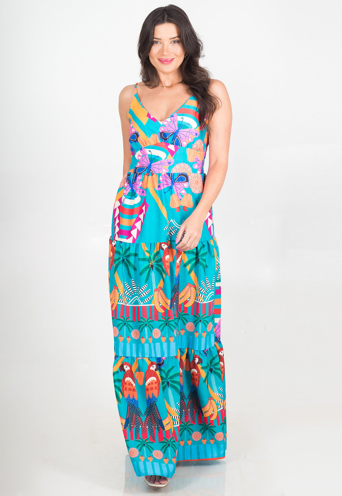 Vestido Longo Viscolinho De Alça Estampa Tropical Verão