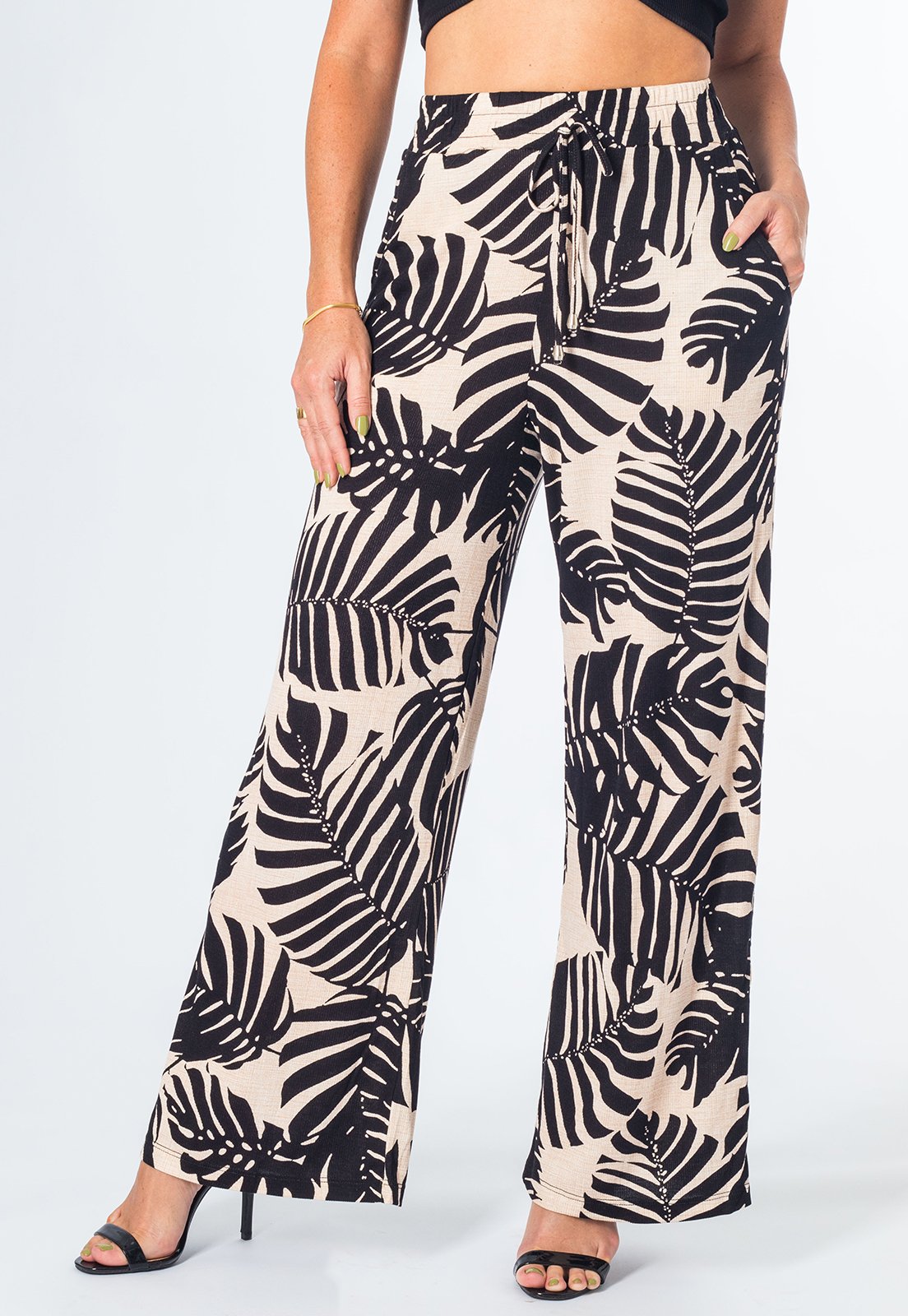 Calça Pantalona Feminina Viscolycra Estampa Tropical Bolsos