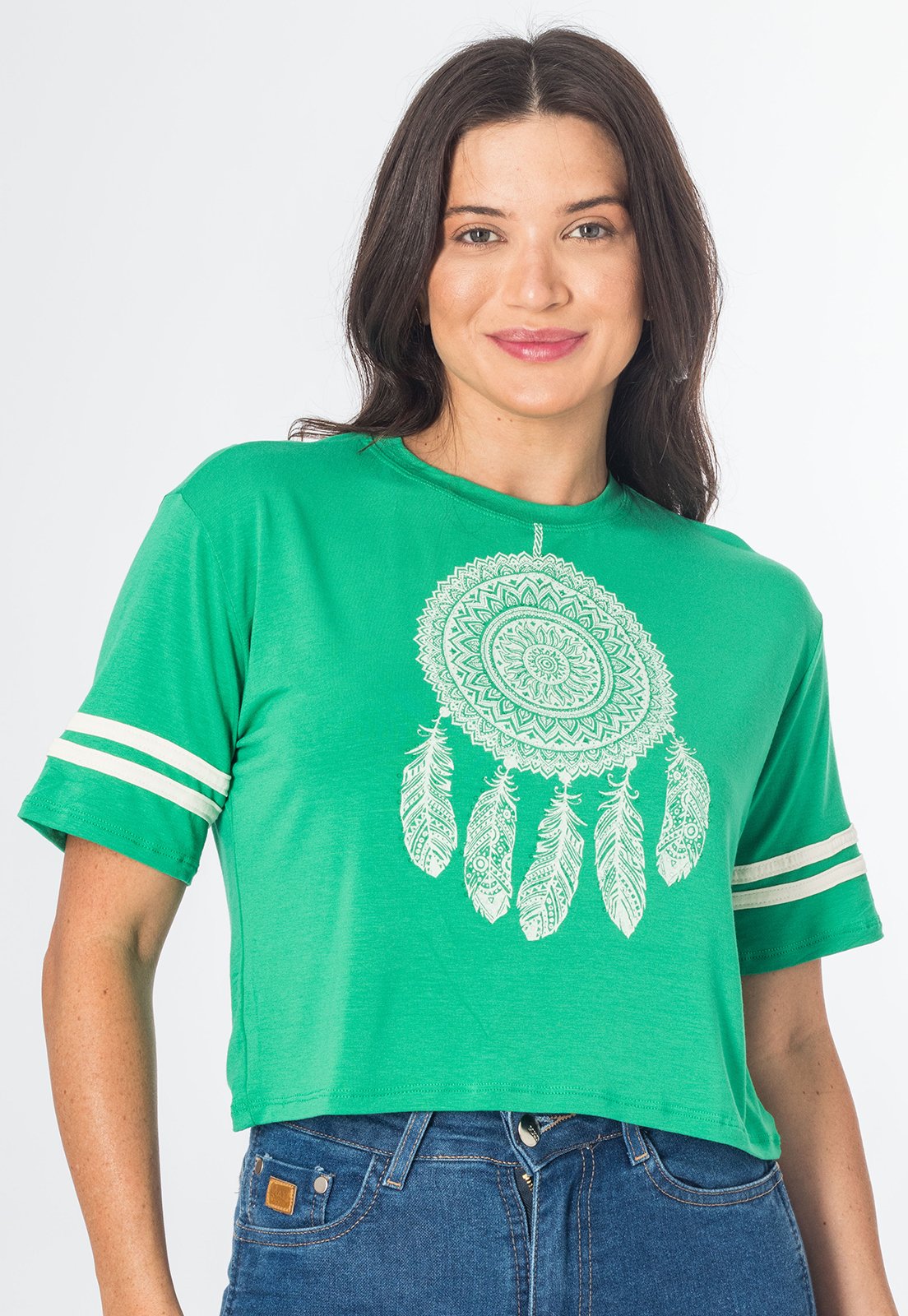 Blusa Cropped Viscolycra Com Estampa Mandala Manga Curta