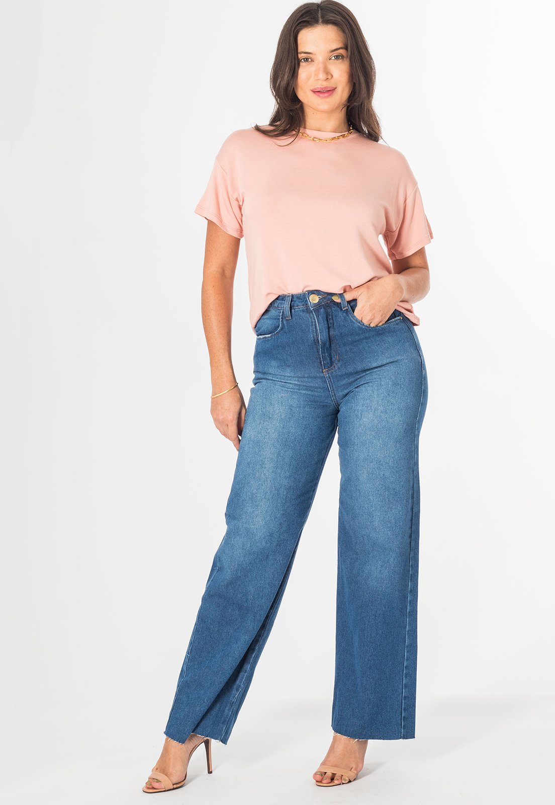 Calça Wide Leg Jeans Feminina Reta Com Bolso Cintura Alta