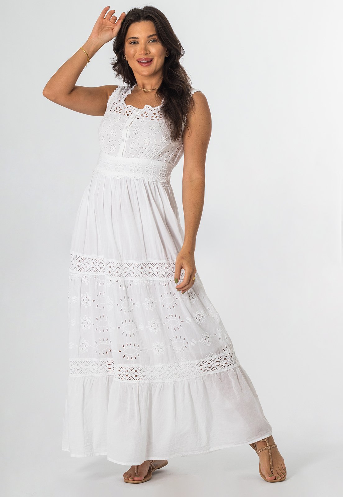 Vestido Longo Indiano Branco Lese Regata Algodão Réveillon