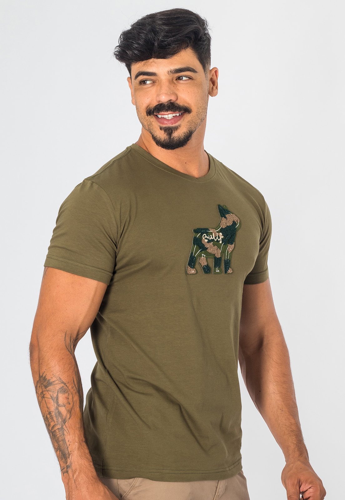 Camiseta Masculina Algodão Com Elastano Aplique De Tecido