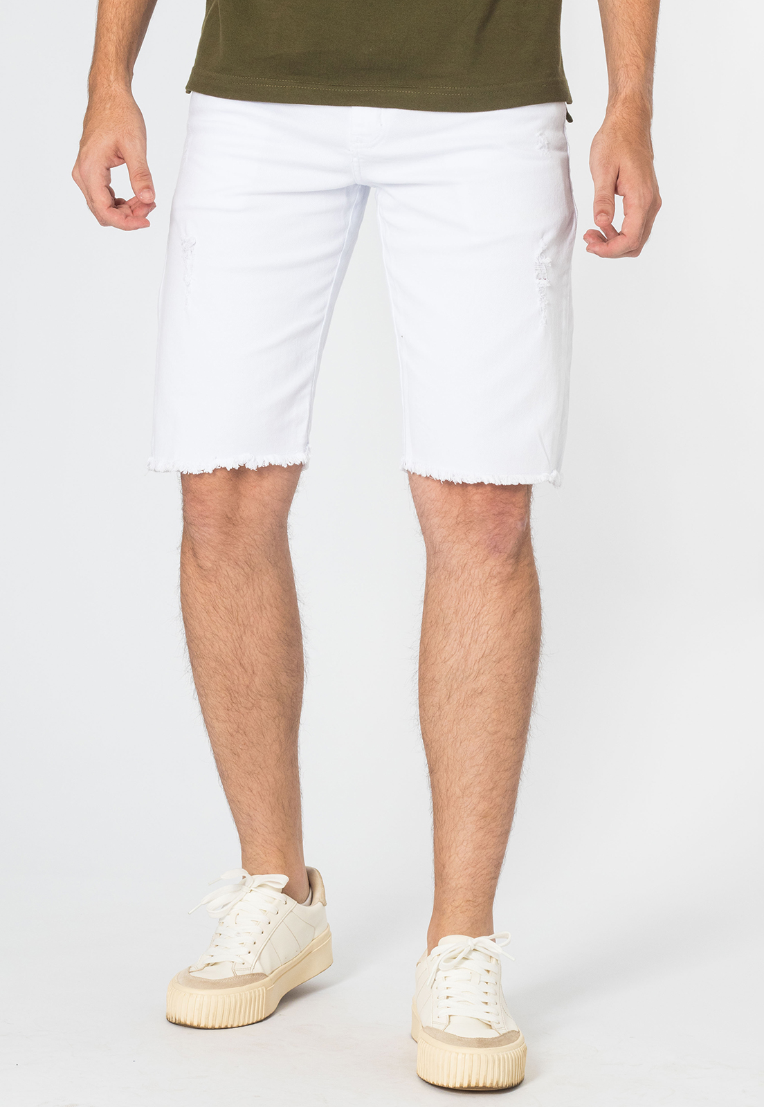 Bermuda Jeans Masculina Branca Desfiada Com Bolso Premium