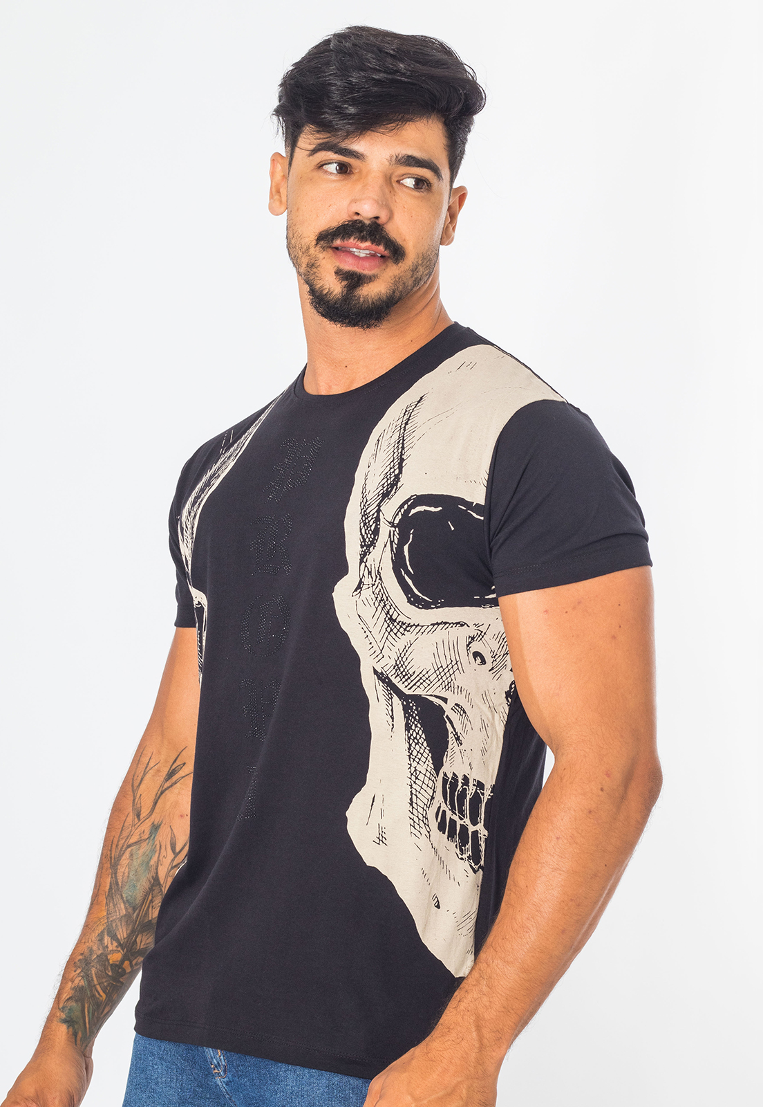 Camiseta Masculina Slim Estampa Caveira Aplicação De Brilho