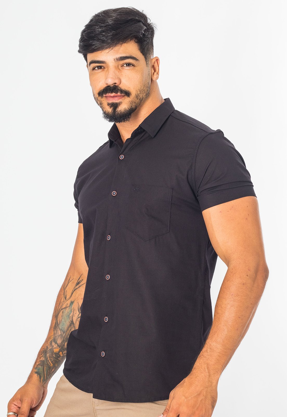 Camisa Social Masculina Manga Curta De Algodão Com Bolso