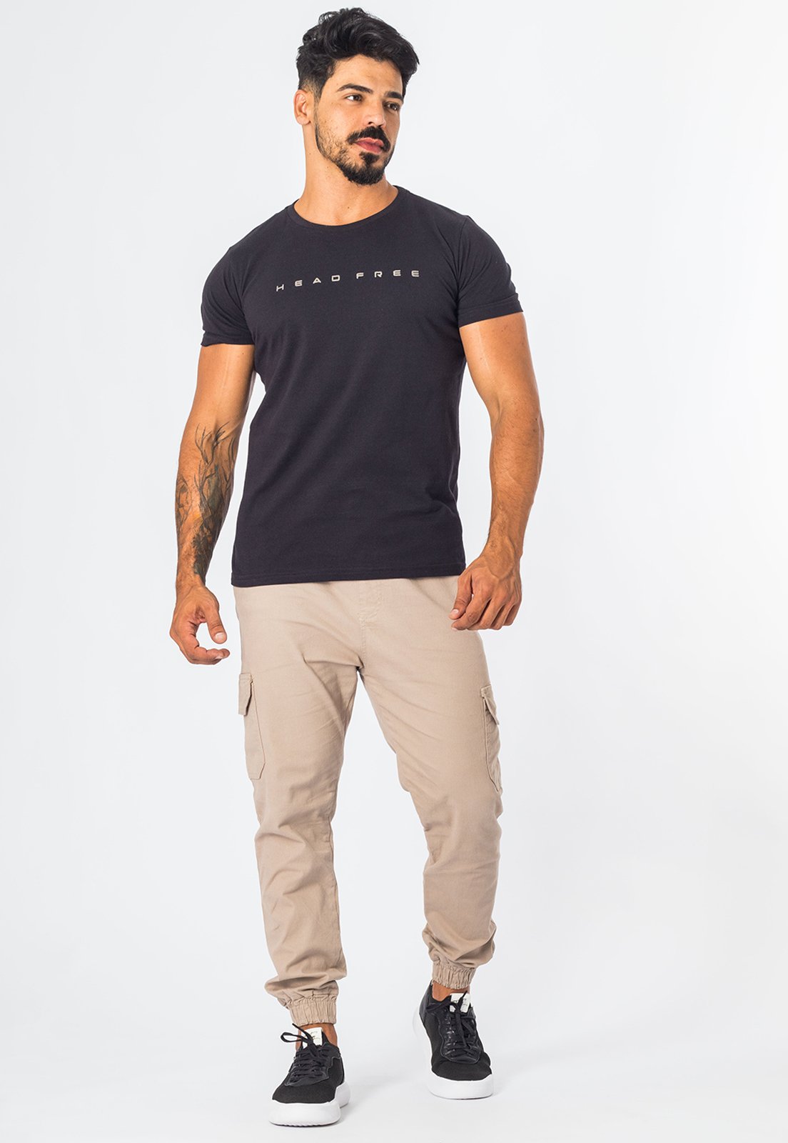 Calça Jogger Cargo Masculina De Sarja Cós Elástico Cáqui