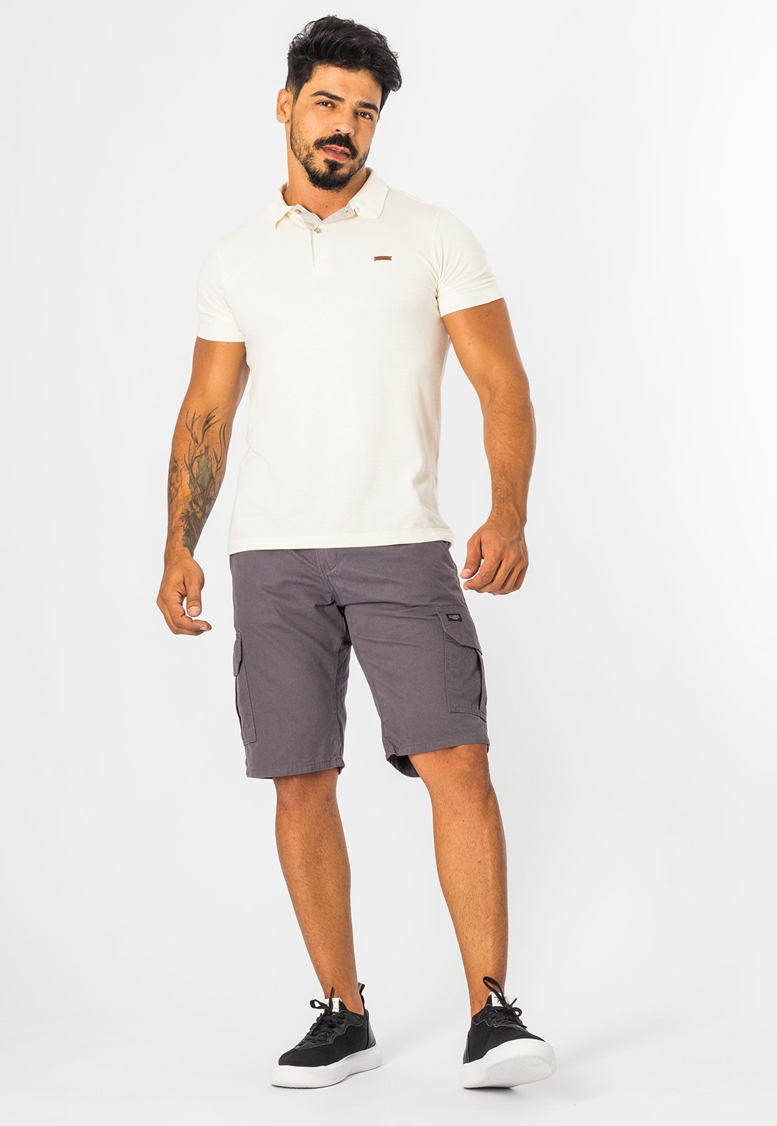 Bermuda De Sarja Masculina Cargo Casual Slim Cinza Escuro