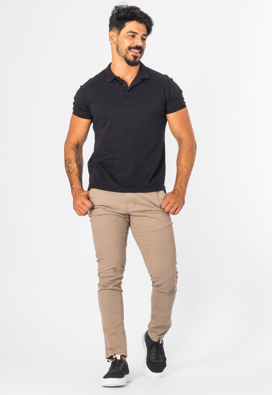 Calça Sarja Alfaiataria Masculina Com Elastano Slim Cáqui