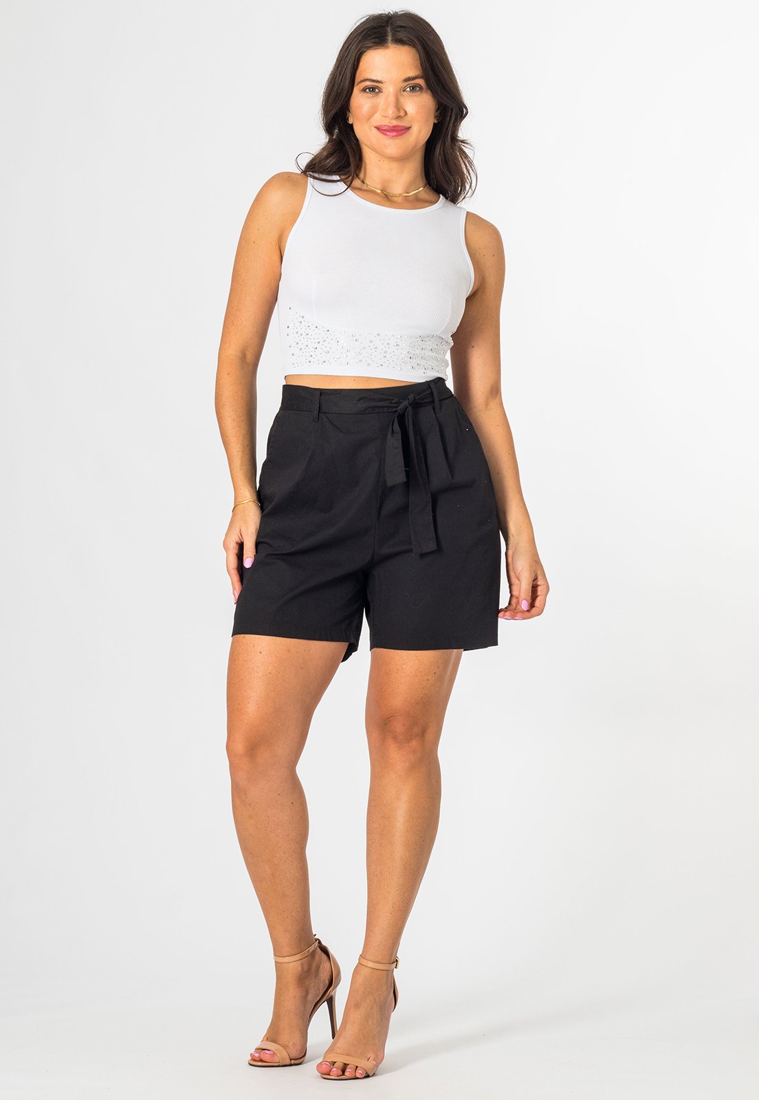 Blusa Cropped Regata Canelada Branco Com Aplicação Brilho