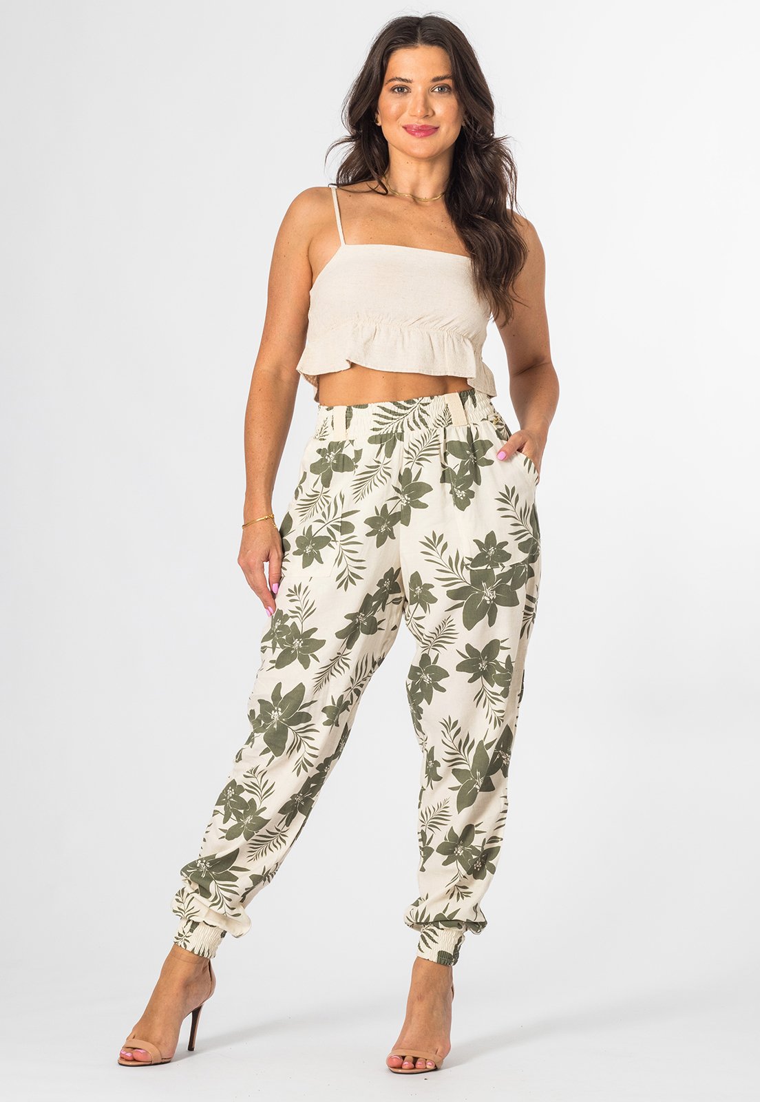 Calça Jogger Feminina Viscolinho Cós Elástico Bolsos Casual