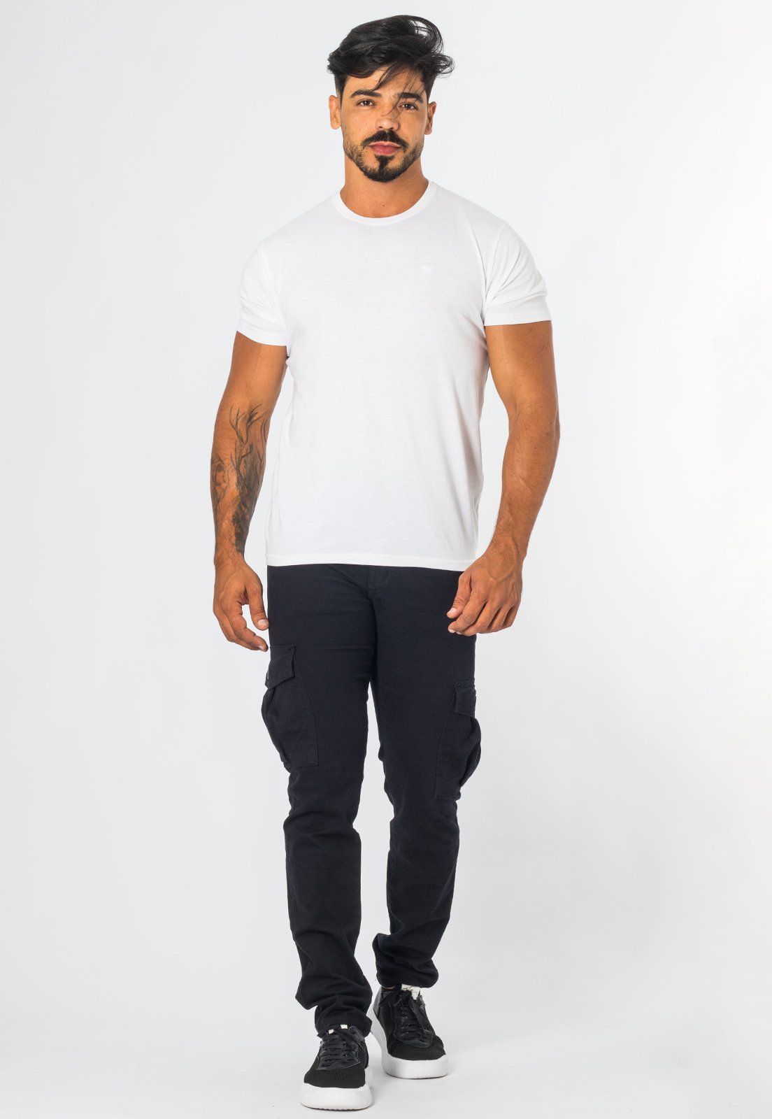 Calça De Sarja Cargo Masculina Com Elastano Casual Preta