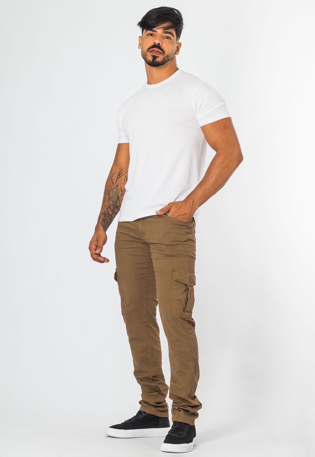 Calça De Sarja Cargo Masculina Slim Com Bolsos Casual Marrom