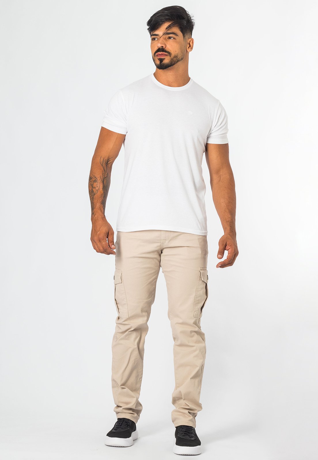 Calça De Sarja Cargo Masculina Slim Bege Com Elastano Casual