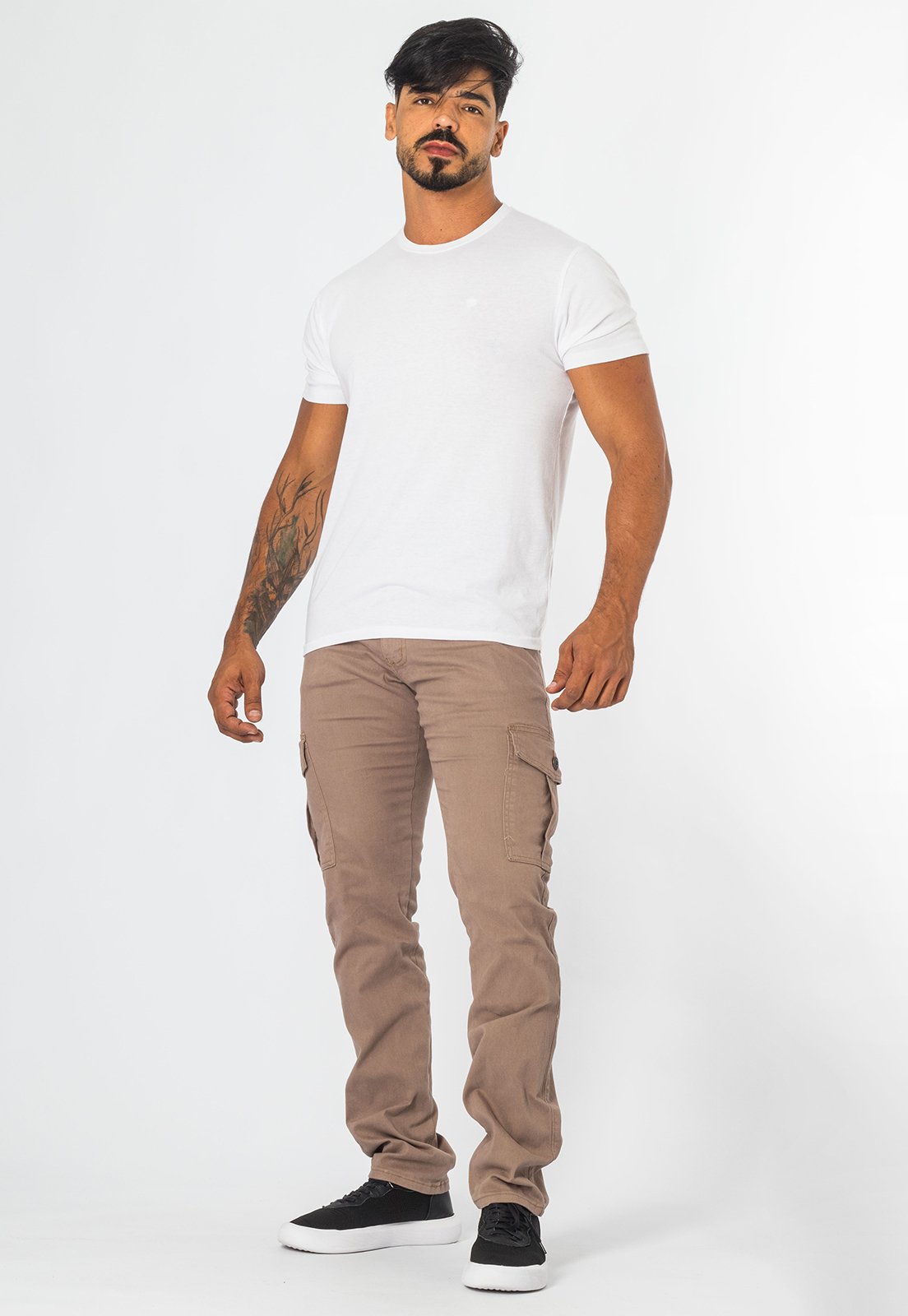 Calça De Sarja Cargo Masculina Color Slim Com Bolso Cáqui