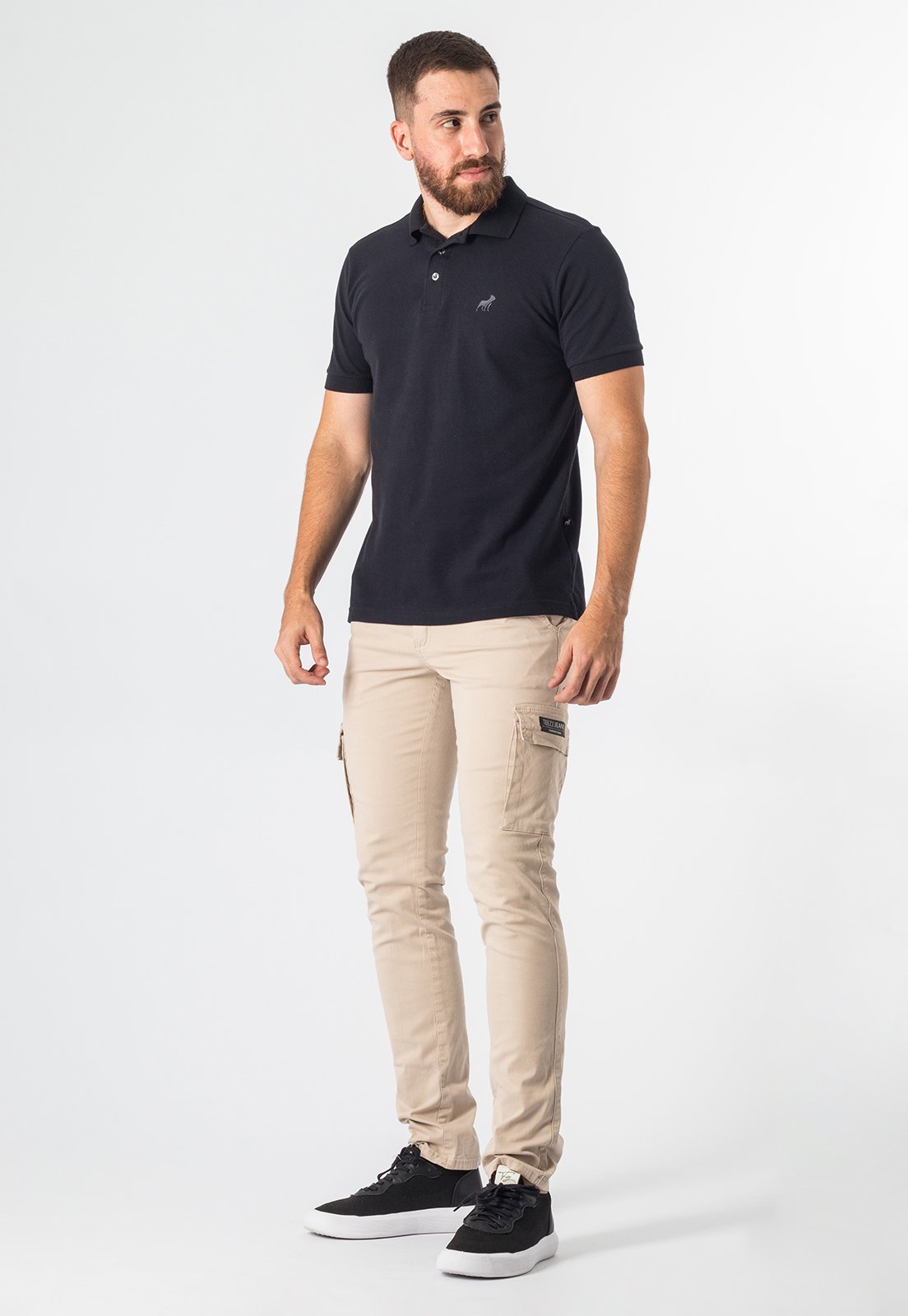 Calça De Sarja Cargo Masculina Bege Com Elastano Casual Slim