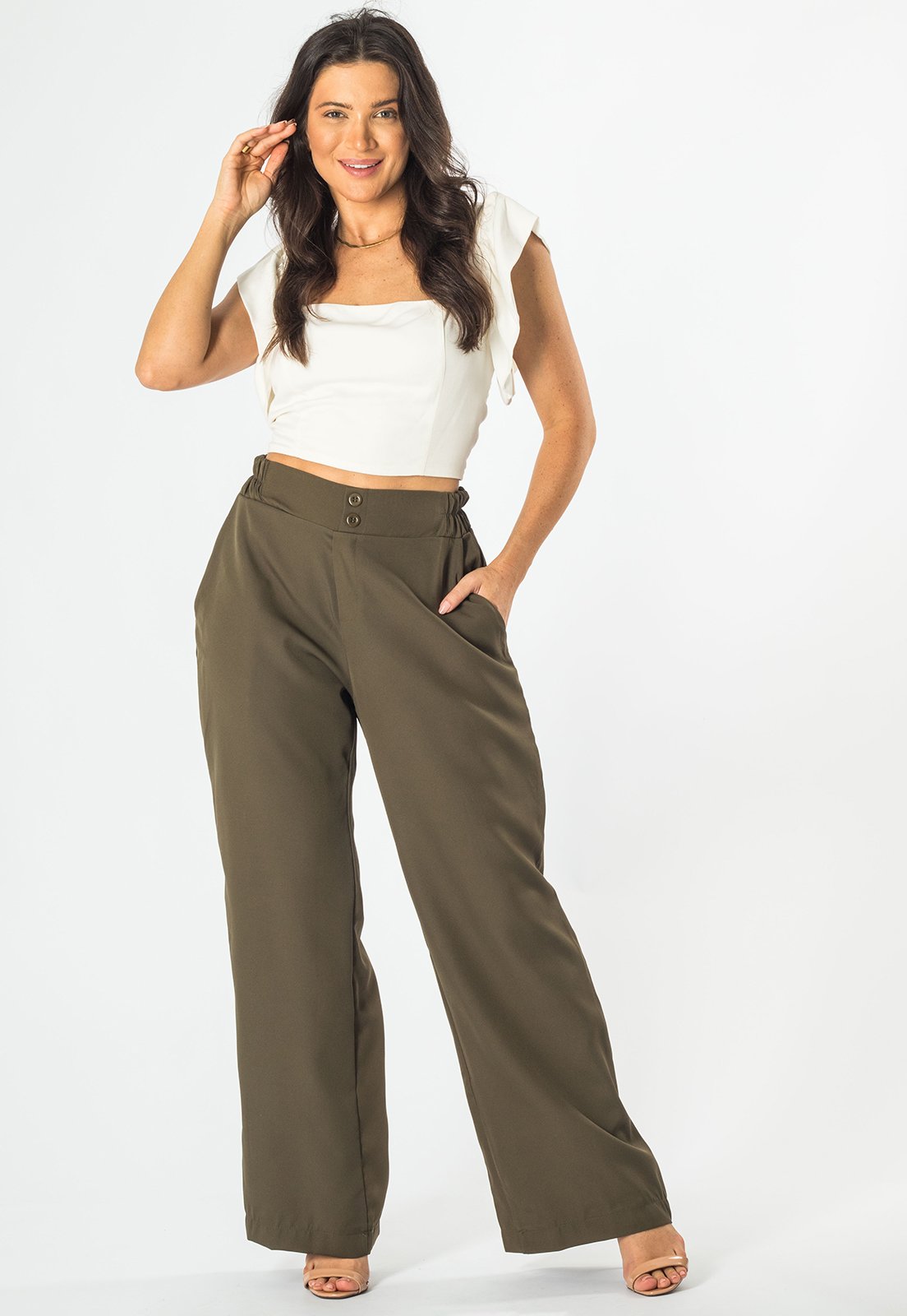 Calça Pantalona Feminina Lisa Com Bolsos e Cós de Elástico