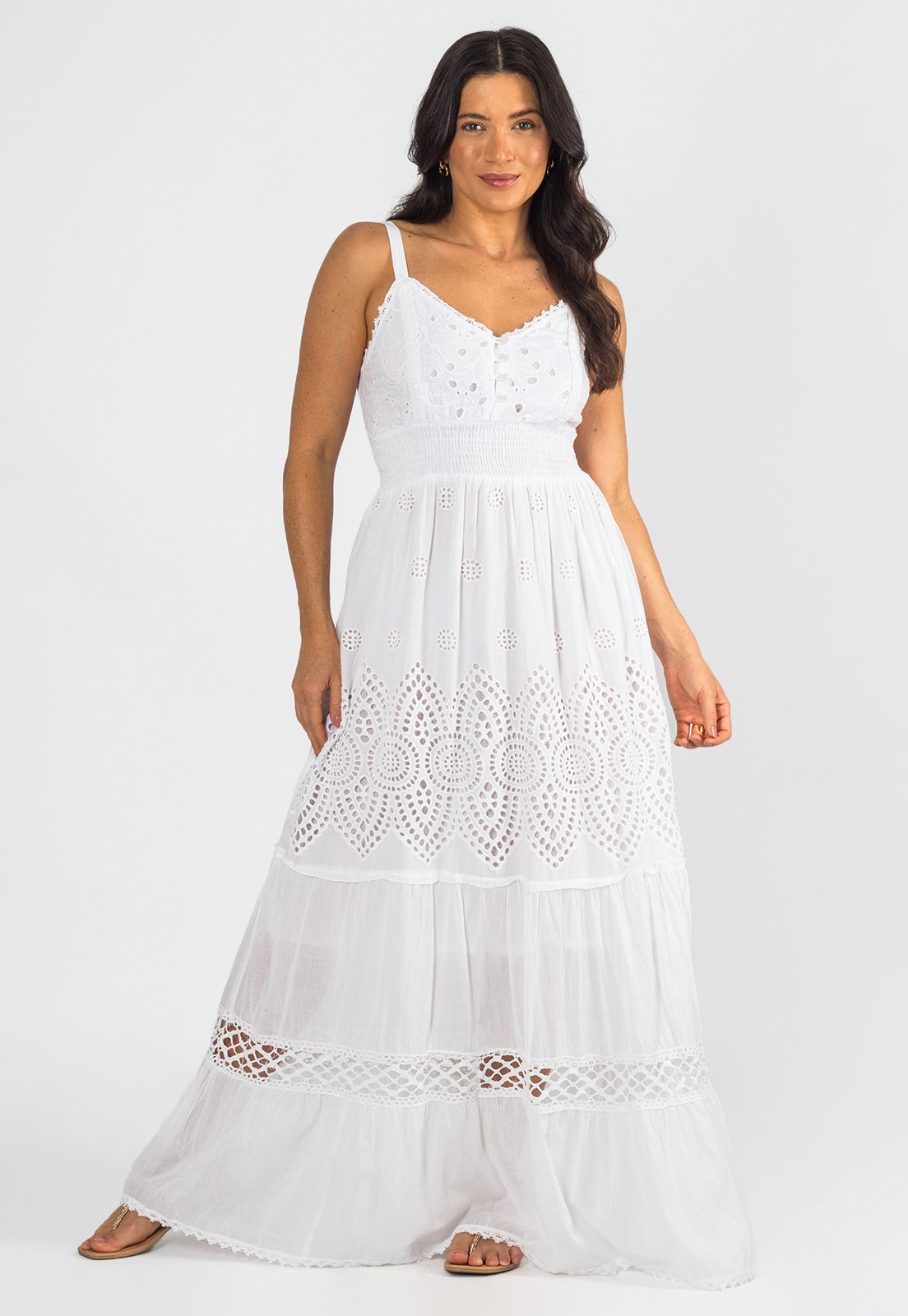 Vestido Longo Indiano Lese Branco Algodão Com Botão Lastex